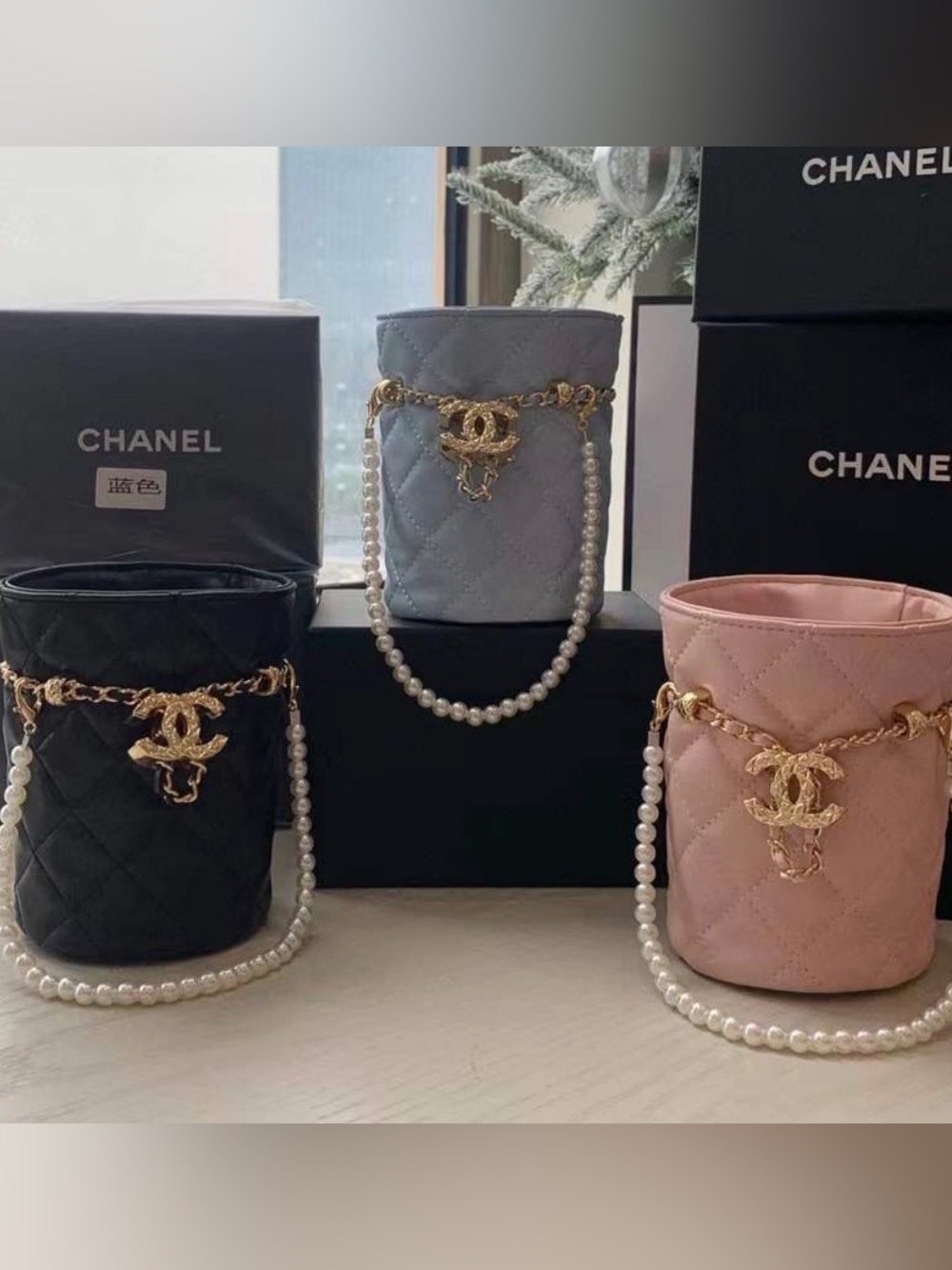 GWP/Chanel Quilted Pink Bucket Bag with Pearl Trim